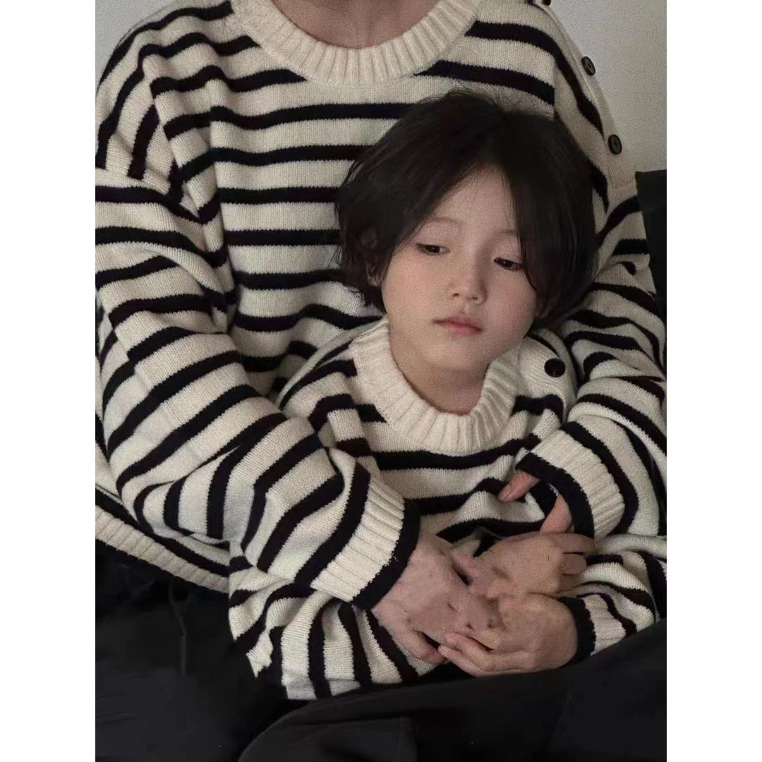 韩国童装男童条纹毛线衣亲子装儿童加厚秋冬新款针织衫女童上衣潮