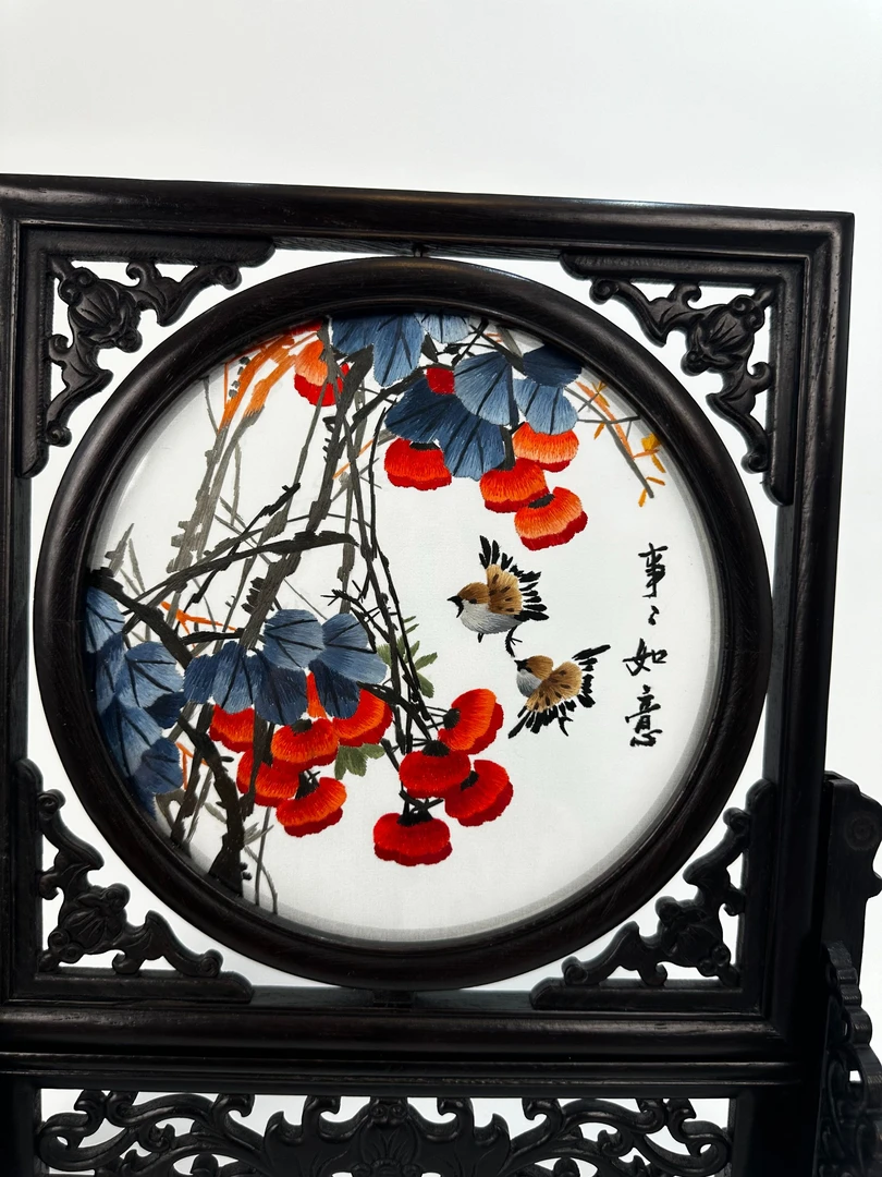 苏绣摆件五福临门装饰装裱精品实木架手工绣事事如意礼品赠人