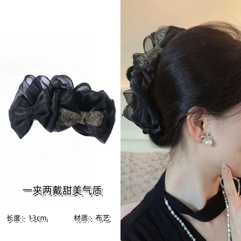 气质甜美黑色蝴蝶结两戴发夹网红可爱顶夹后脑勺鲨鱼夹大号抓夹女