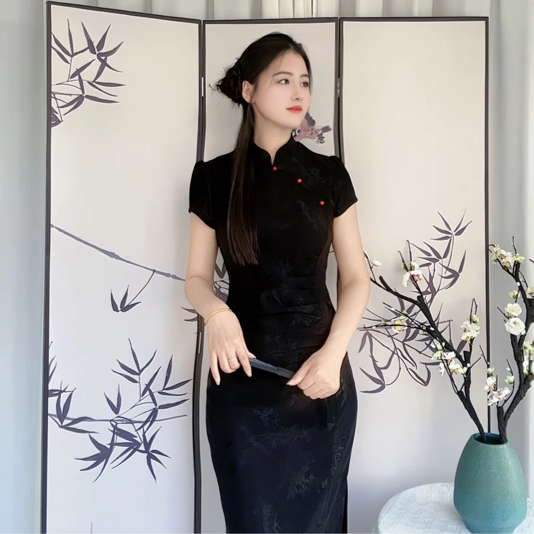 {夏季新中式旗袍}国风古韵褶皱典雅美修身显瘦日常穿黑色小个子