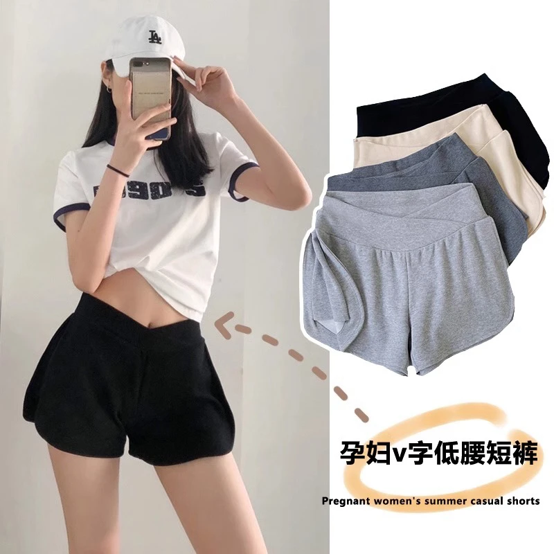 孕妇低腰短裤夏薄款显瘦纯色阔腿休闲居家热裤低腰交叉打底裤5025