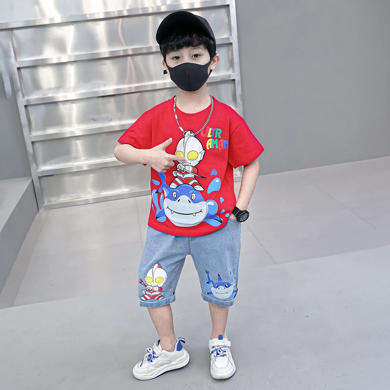2024夏季新款中小男童奥特曼短袖套装休闲鲨鱼牛仔两件套90-150