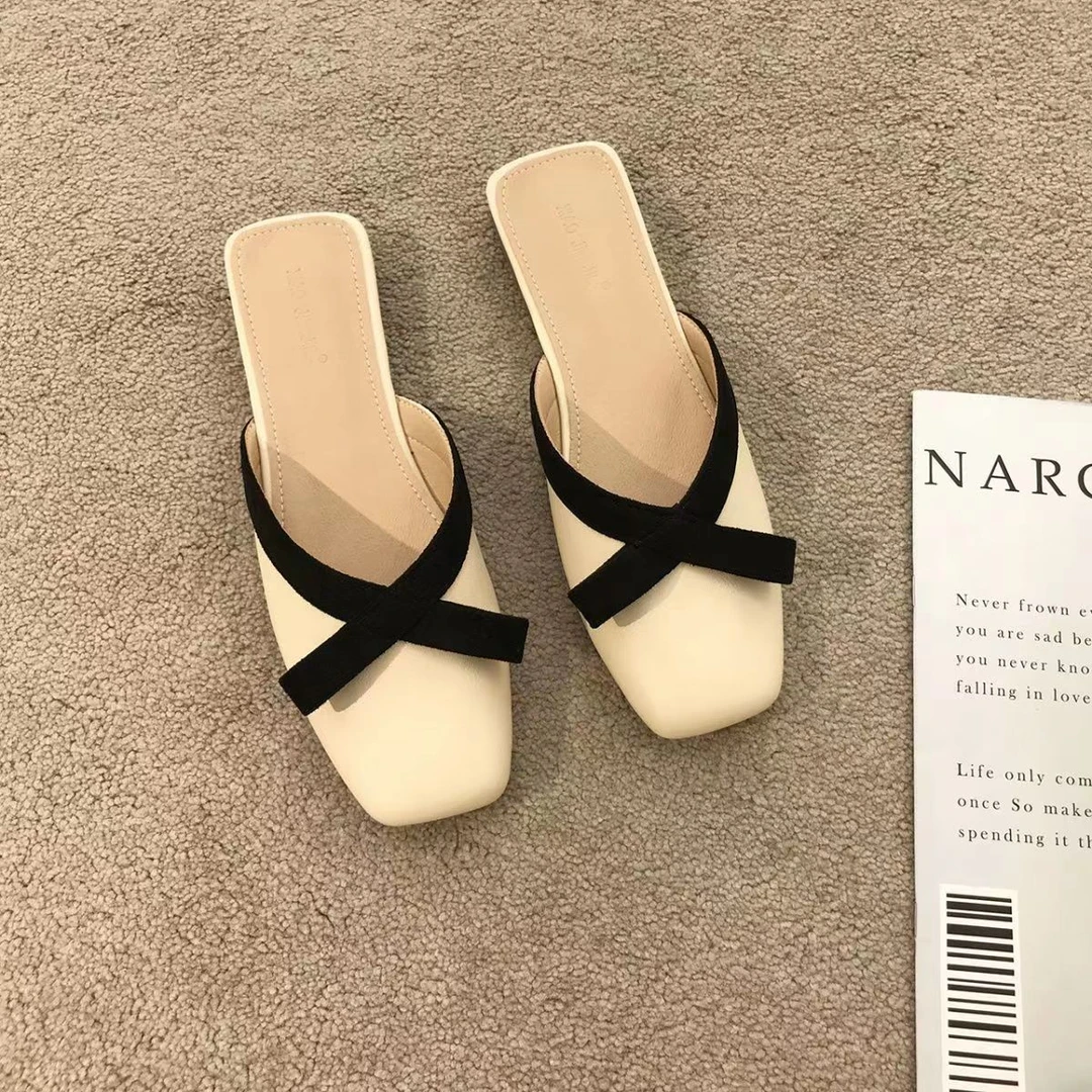 时尚低跟包头半拖鞋女夏外穿无后跟懒人穆勒鞋网红蝴蝶结软底凉拖