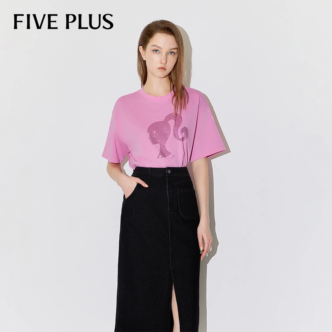 FIVE PLUS春夏芭比联名T恤女上衣短袖宽松圆领落肩烫钻2LE1020510