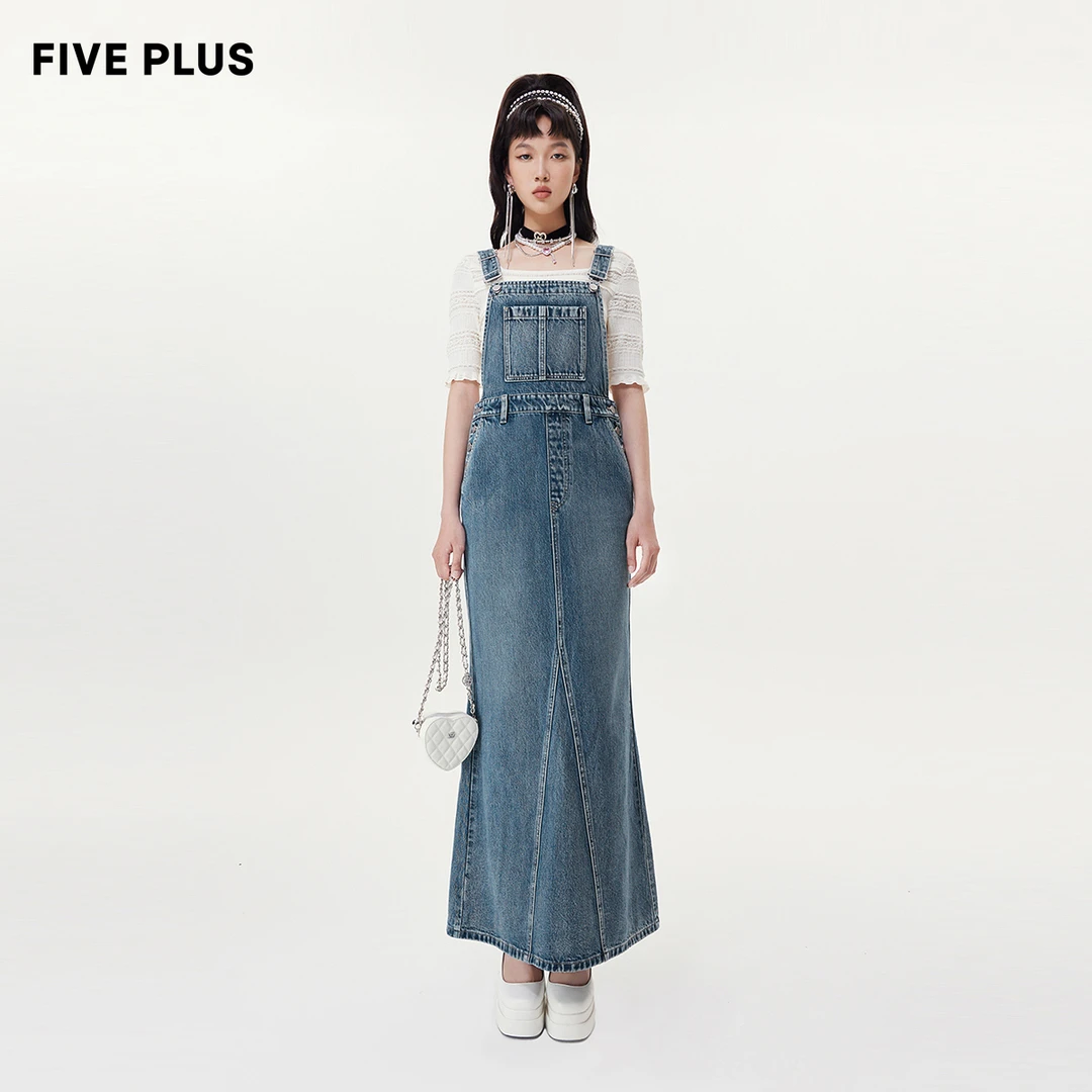 FIVE PLUS冬装连衣裙女复古牛仔高腰洗水开叉吊带长裙2TN3080050