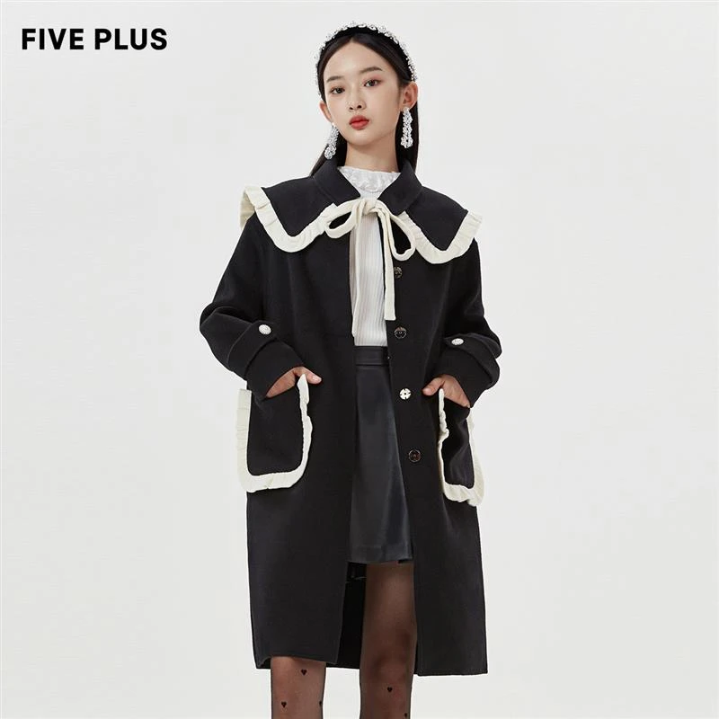 【小呆鸟专享】FIVE PLUS大衣女长款大翻领呢外套中长款2WE3341940