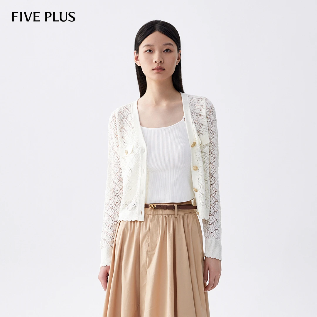 FIVE PLUS针织衫长袖V领开衫单排扣镂空肌理2LE3030280