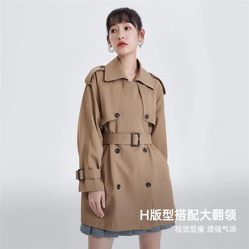 FIVE PLUS秋季小个子气质插肩袖双排扣卡其色风衣宽松2SW104035N