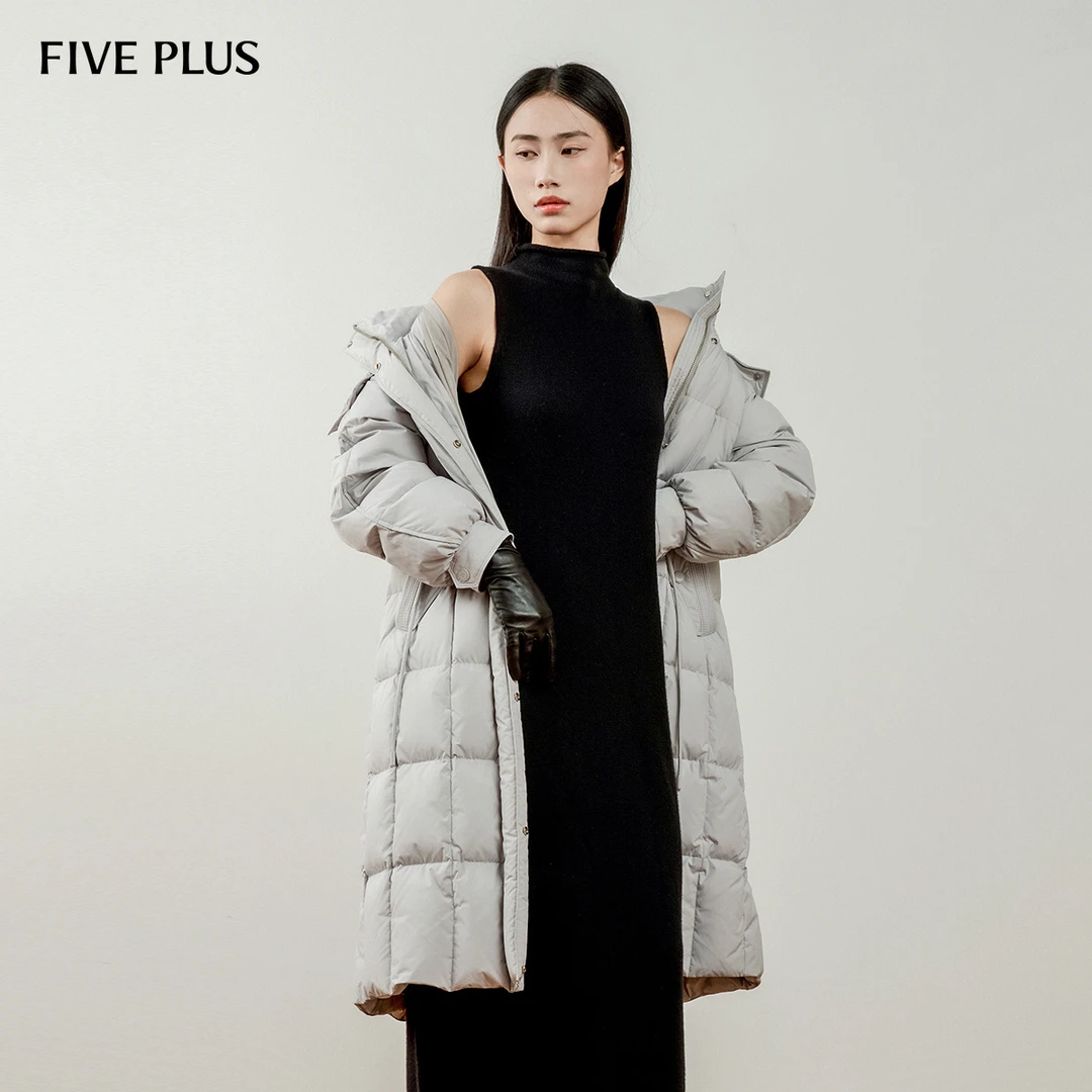 【商场同款】FIVE PLUS羽绒服长款大衣连帽外套高领轻暖鸭绒