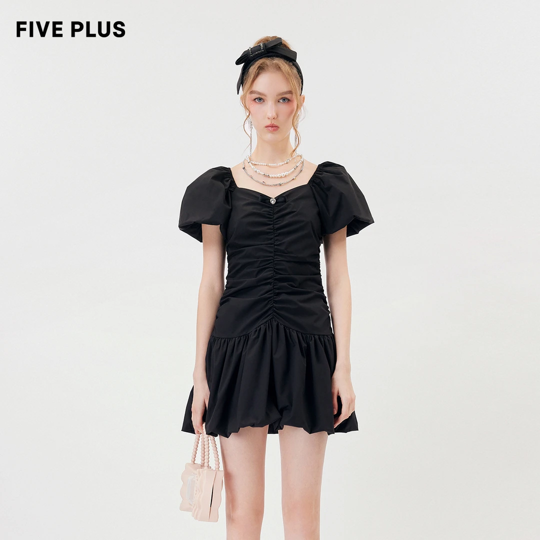 FIVE PLUS夏装法式泡泡袖连衣裙女褶皱收腰方领小黑裙2TN2084110