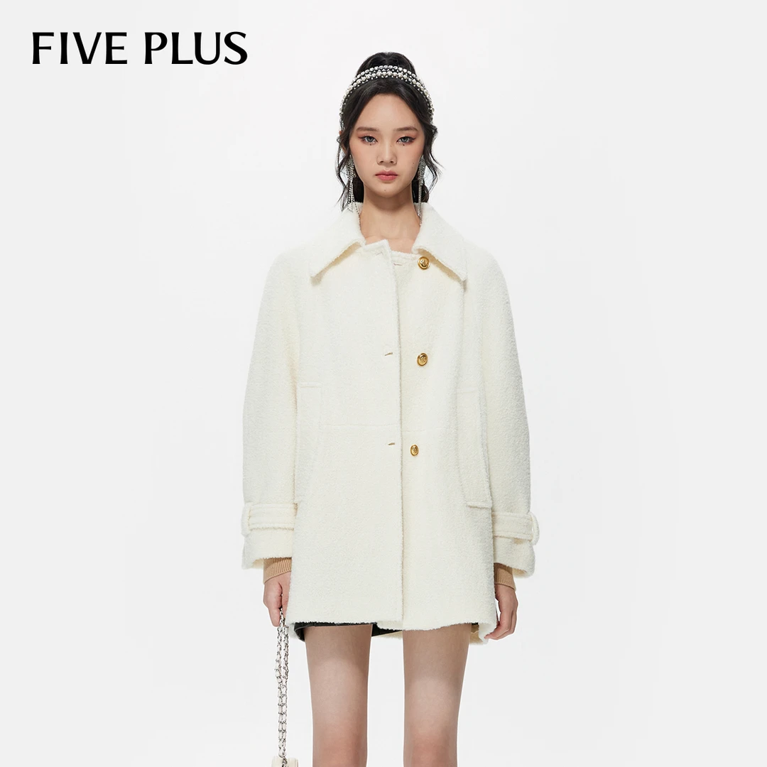 FIVE PLUS冬装绵羊毛呢大衣女外套中长款翻领小个子2TA4346090
