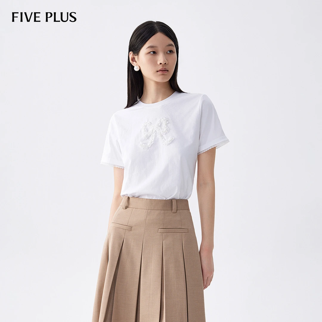 FIVE PLUS夏装T恤女短袖上衣蝴蝶结拼接花边圆领少女感2LE2025010