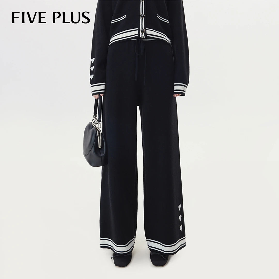 FIVE PLUS秋装休闲阔腿裤女撞色条纹松紧腰直筒长裤子2TN3063050