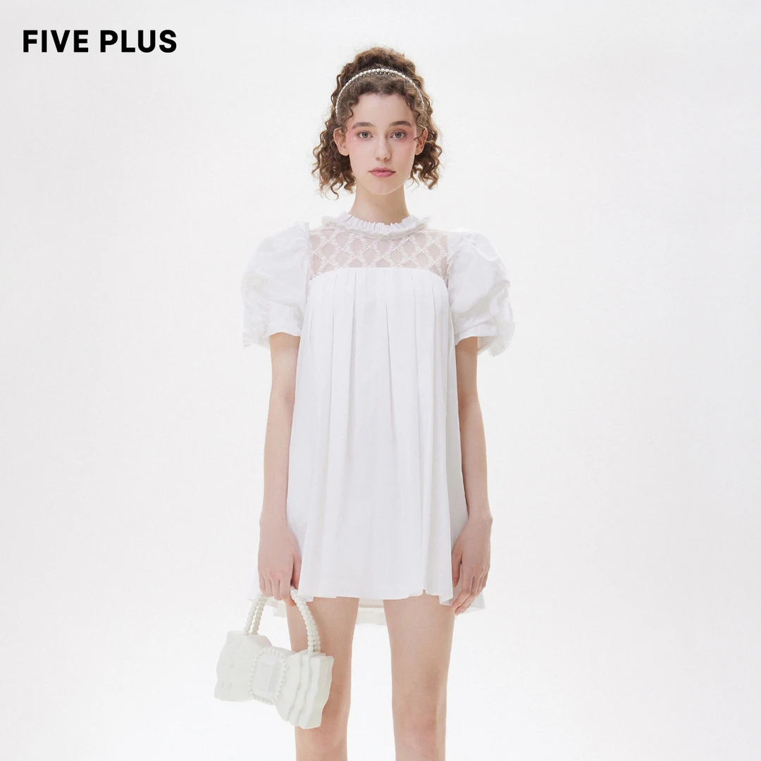 FIVE PLUS夏装泡泡袖连衣裙女花朵拼接减龄娃娃裙小众2TN2083360