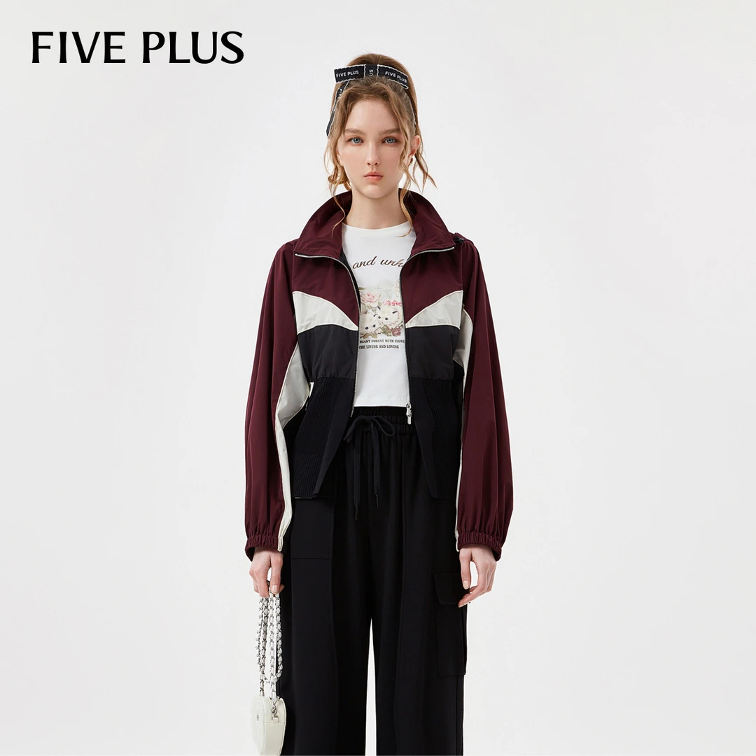【陈大可专属】FIVE PLUS冬装外套女复古运动连帽撞色长袖收腰上衣