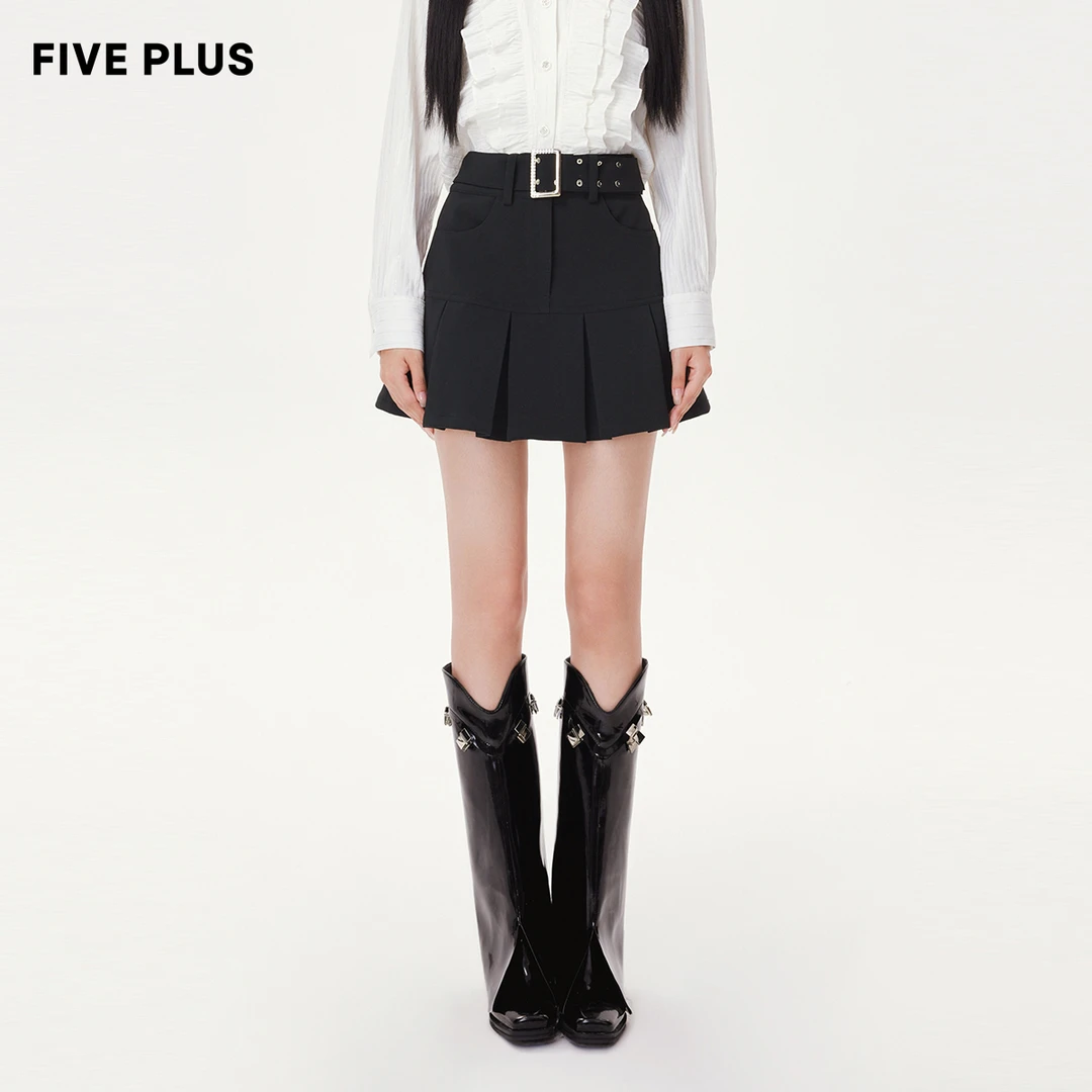【小云总专享】FIVE PLUS冬装半身裙女气质高腰A字百褶短裙子配腰带