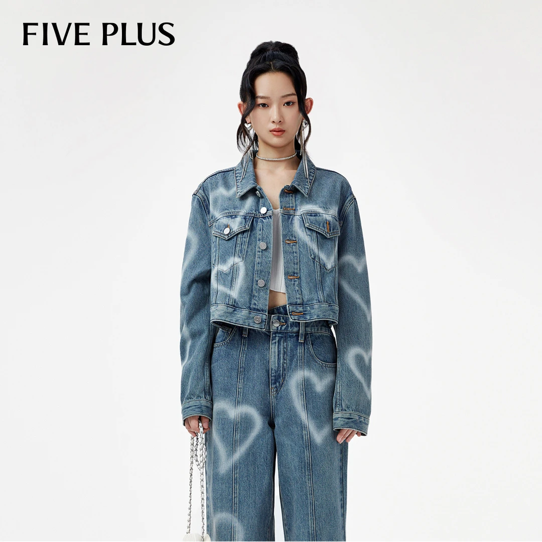 FIVE PLUS冬装牛仔外套女春秋爱心涂鸦百搭短外套复古2TN3043300