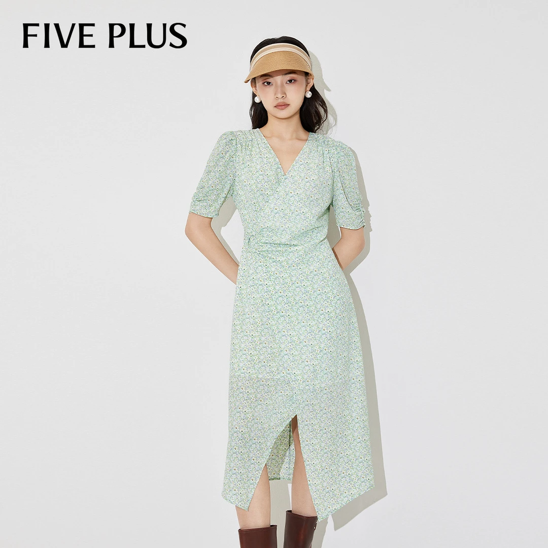 FIVE PLUS夏装连衣裙女碎花V领茶歇裙高腰开叉中长法式2LE2081160