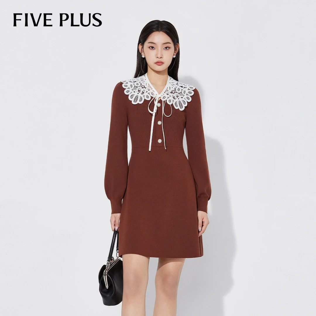 【商场同款】FIVE PLUS雅丹风连衣裙针织裙蕾丝花边领2LE1080020