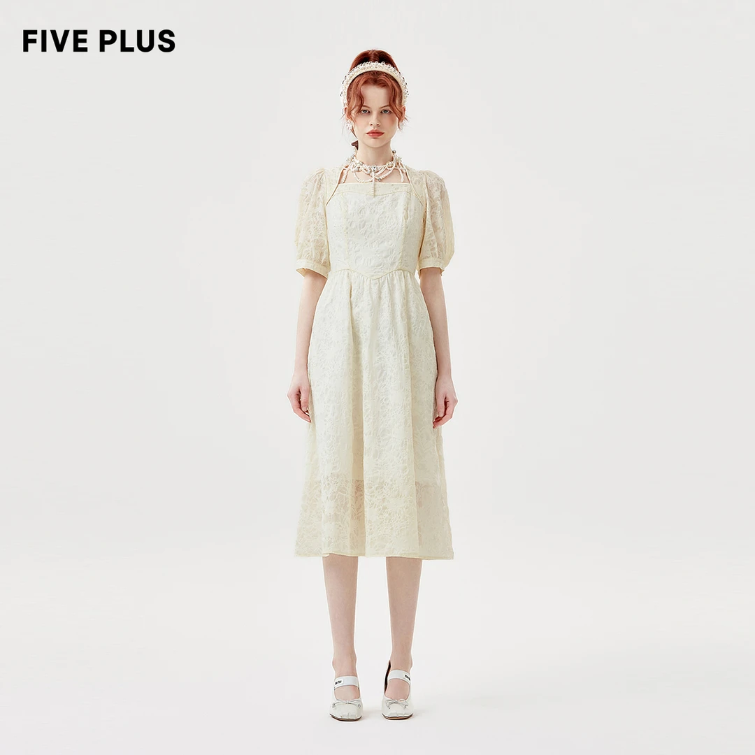 FIVE PLUS连衣裙女法式泡泡袖高腰中长款裙子气质2TA2082690