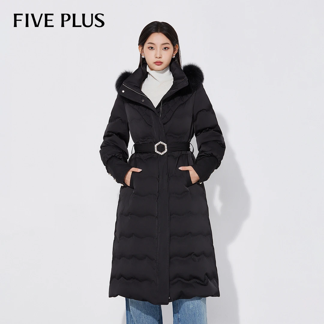 FIVE PLUS冬装羽绒服女外套可拆毛领腰带宽松保暖长款2TA4336270