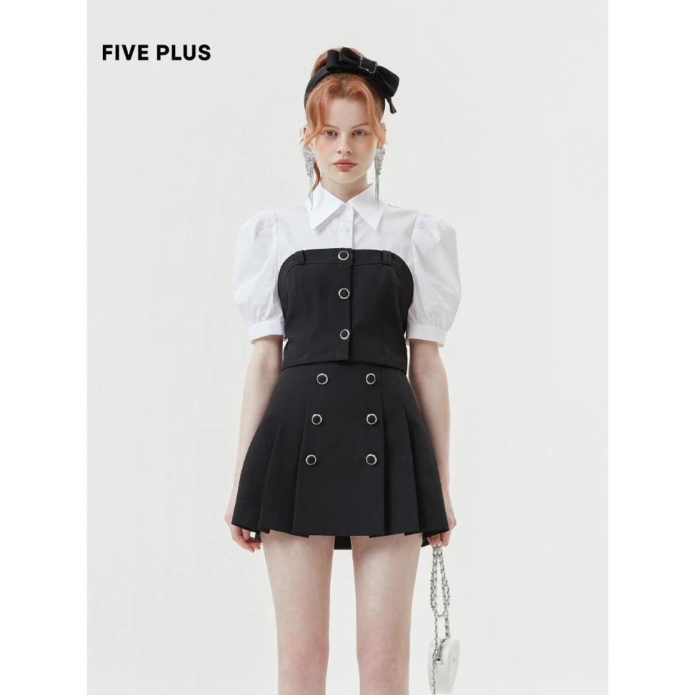 FIVEPLUS夏装复古泡泡袖衬衫女短款别致衬衣翻领排扣2TE2011170