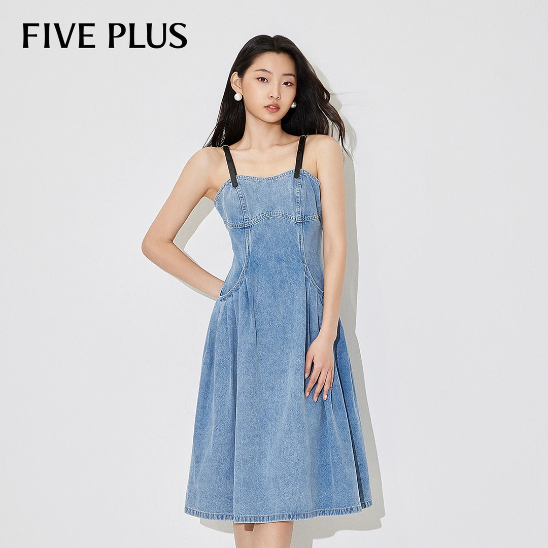 FIVE PLUS夏装牛仔连衣裙女高腰吊带裙子修身复古洗水2LE2083300