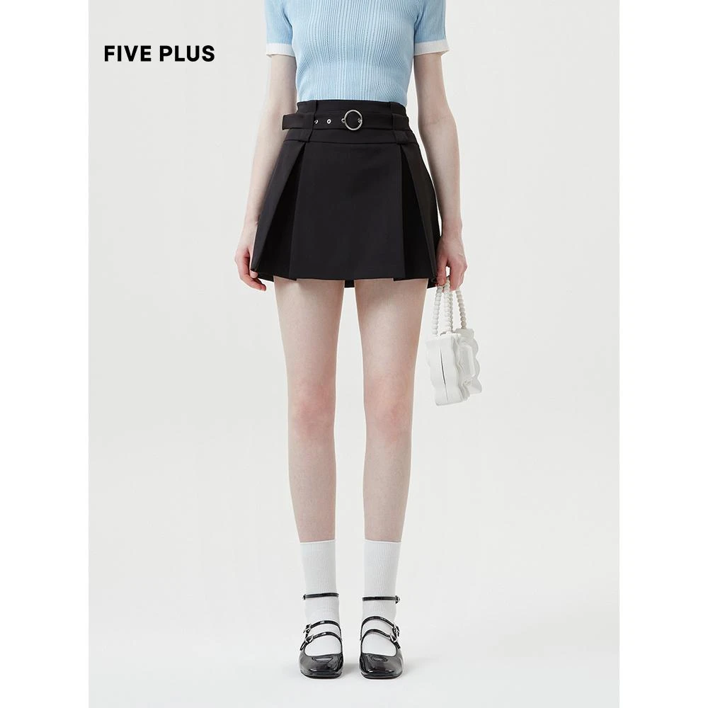 FIVEPLUS气质高腰半身裙女A字百褶短款裙子配腰带2TE2071470