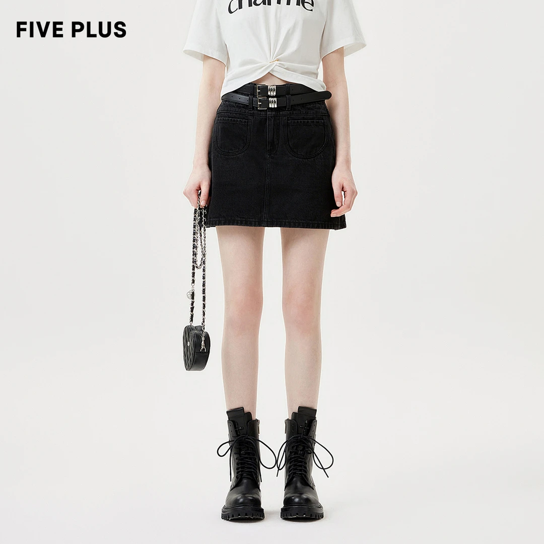 FIVE PLUS半身裙女复古牛仔高腰直筒短款裙子洗水2TA2072650