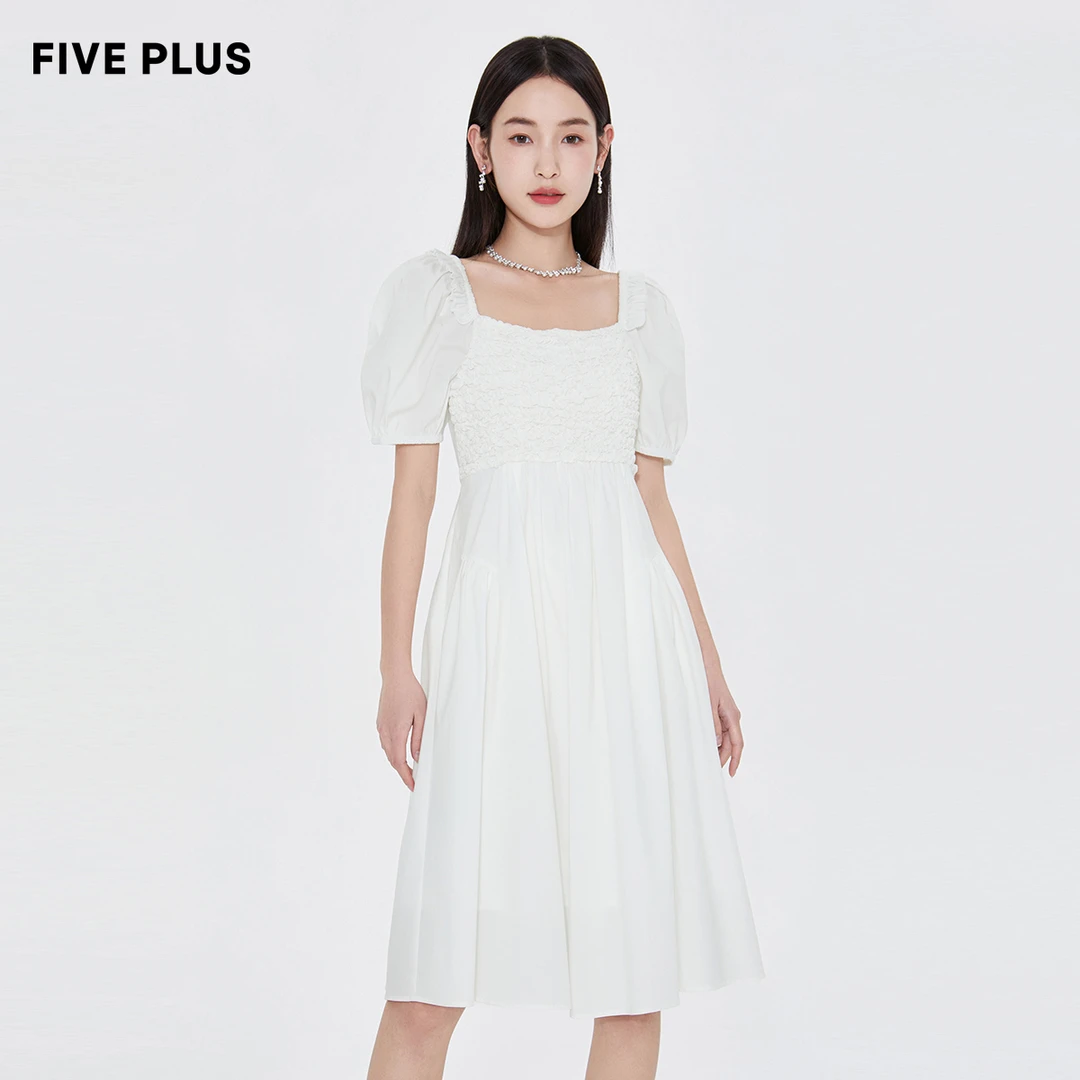 FIVE PLUS法式泡泡袖连衣裙女高腰方领赫本风裙子2WN2082210