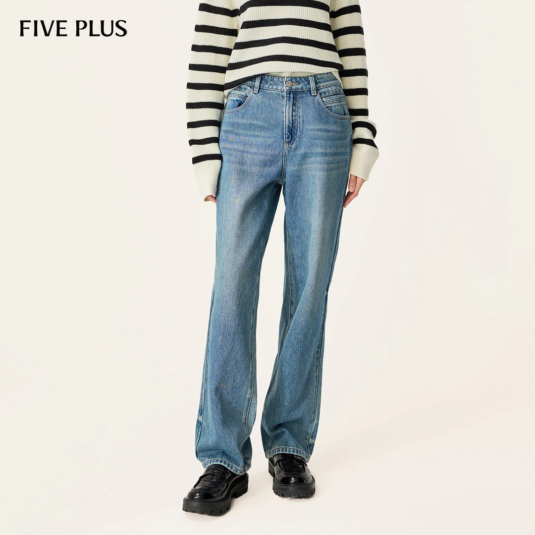 FIVE PLUS秋装牛仔裤女直筒裤子宽松阔腿长裤洗水复古2LE3064430