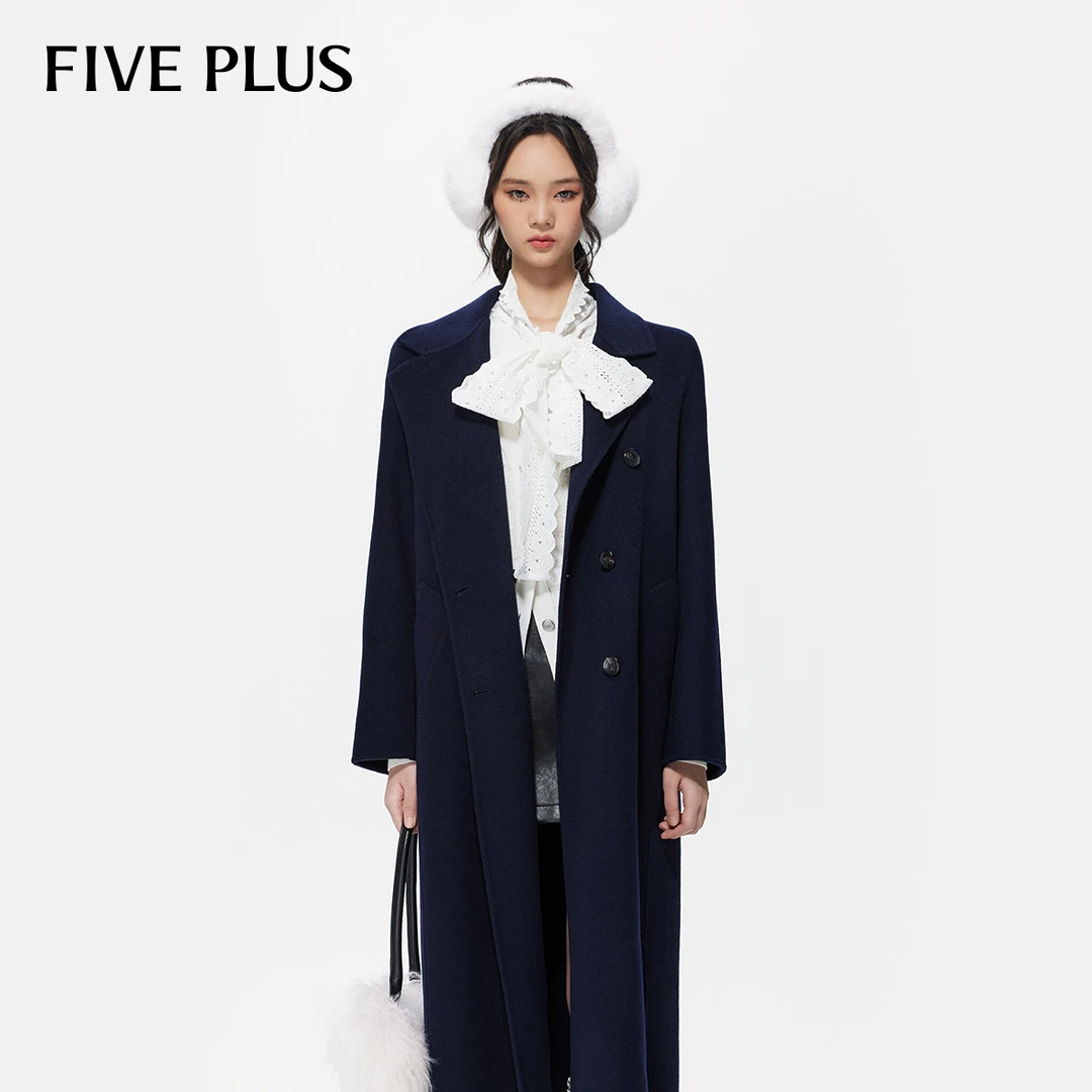 FIVE PLUS冬装绵羊毛双面呢大衣女双排扣中长款外套2TA4346080