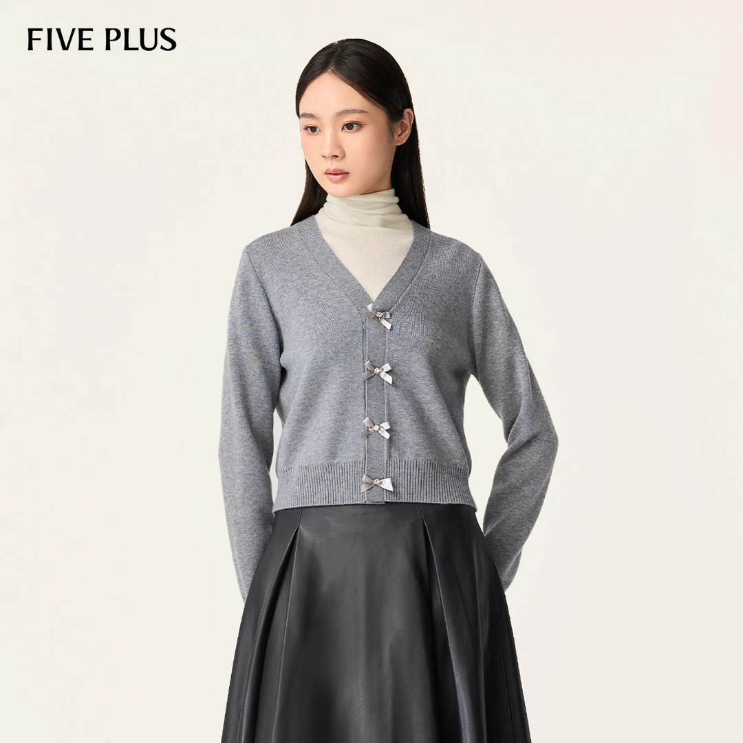 【商场同款】FIVE PLUS时尚针织衫V领开衫蝴蝶结风2LE3034490