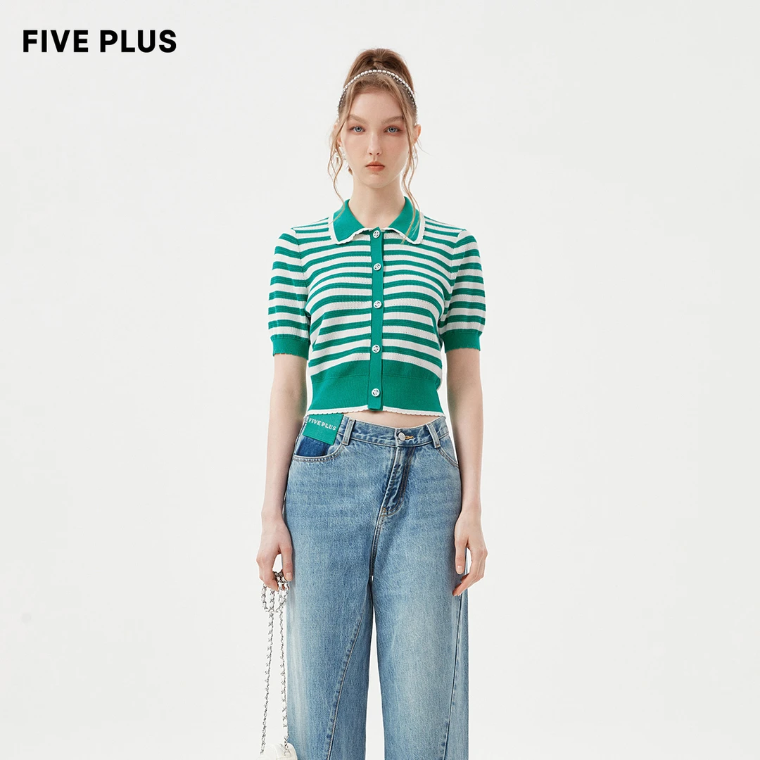 FIVE PLUS夏装条纹针织衫女短袖单排扣别致开衫娃娃领2TE2037010