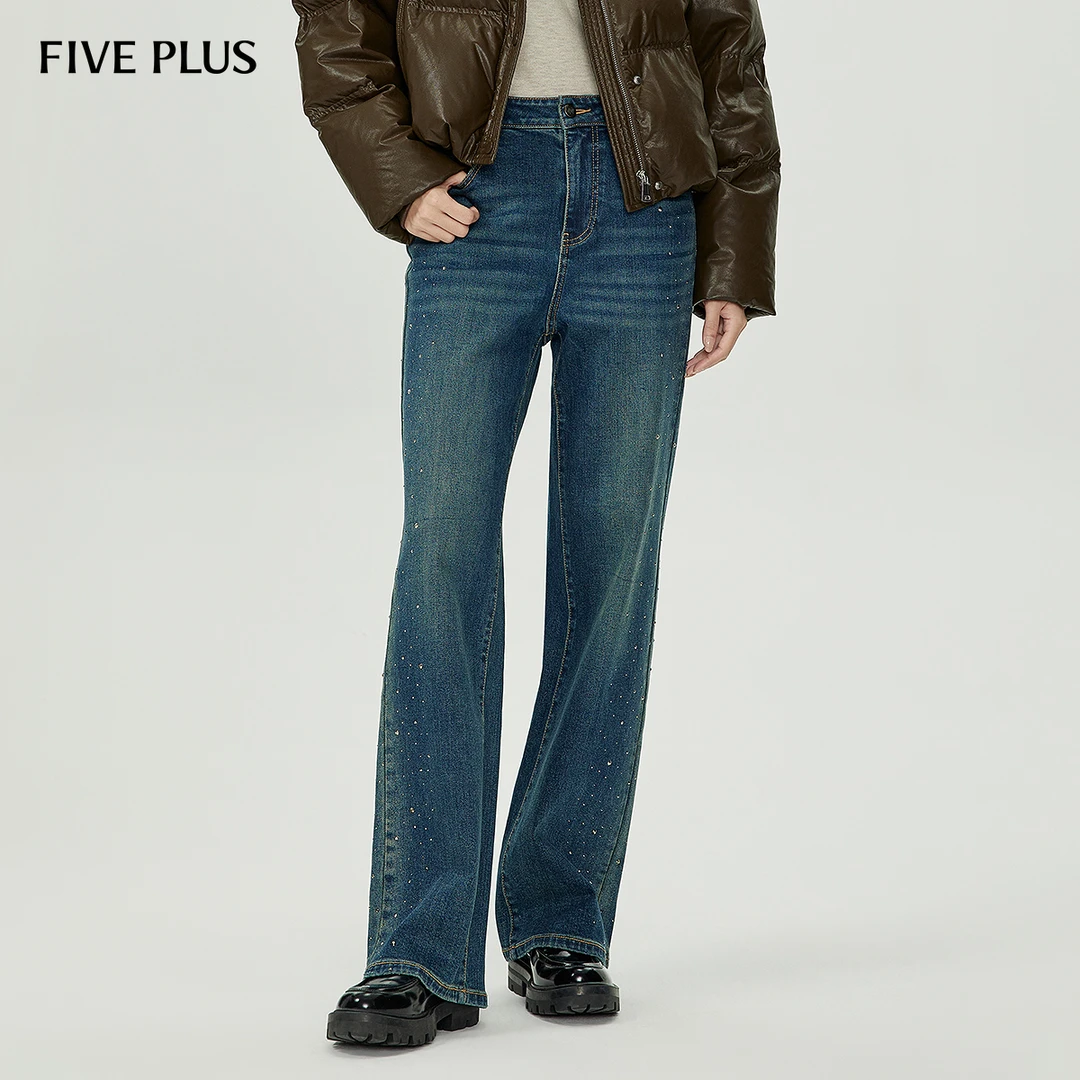 【黄蓉推荐】FIVE PLUS秋冬装牛仔裤烫钻直筒长裤宽松阔腿裤子通勤2