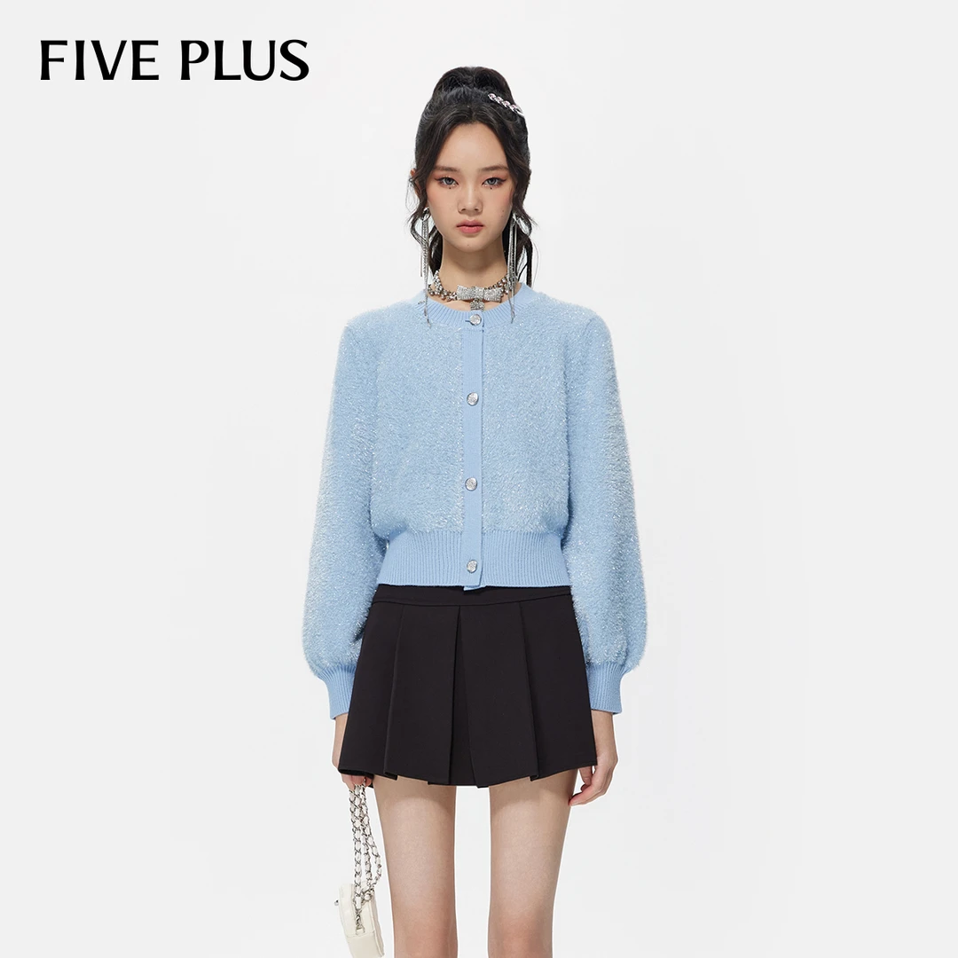 FIVE PLUS早春织开衫女毛衣灯笼袖圆领短上衣薄荷曼波2TE3032510