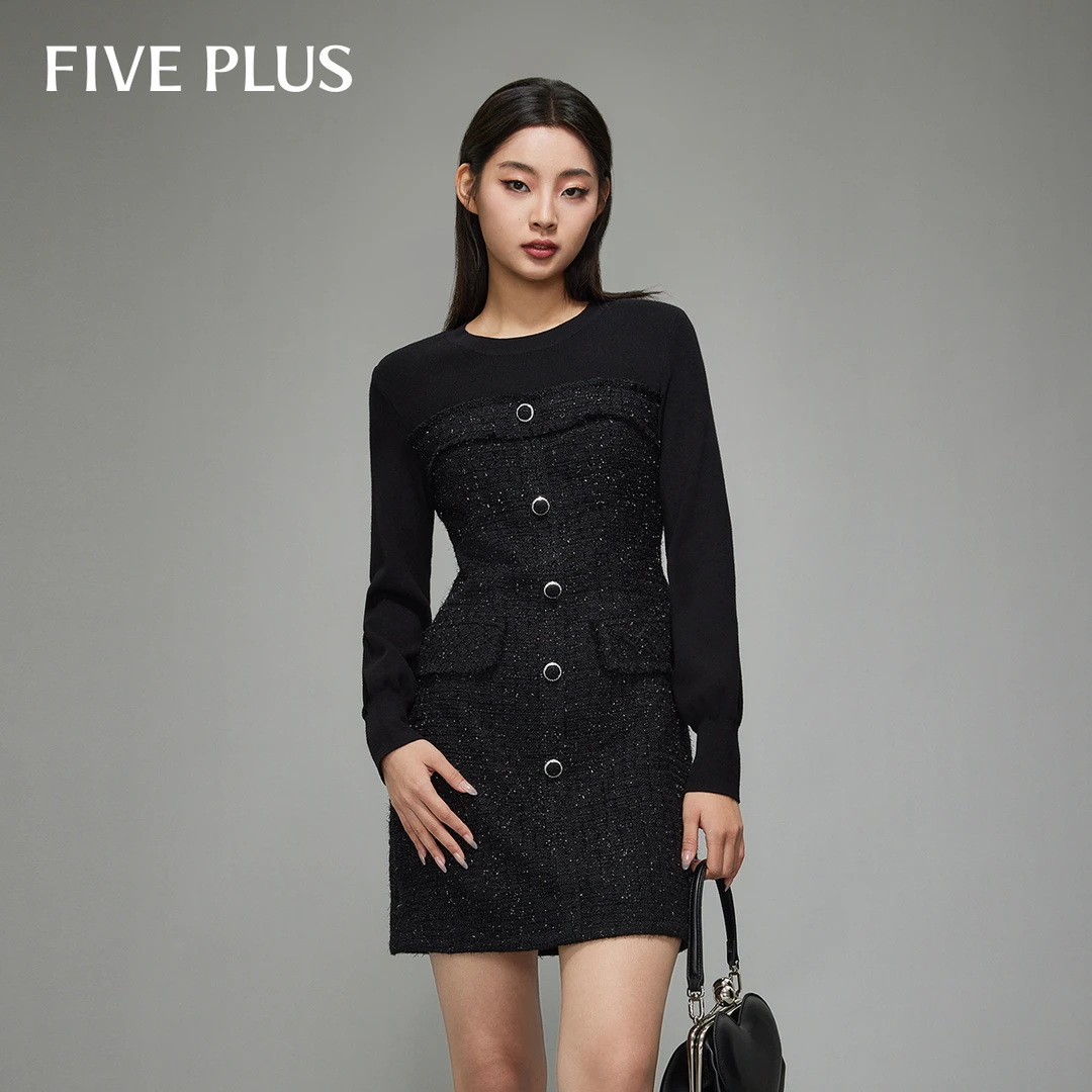 FIVE PLUS冬装小香风连衣裙女裙子中款法式粗花呢拼接2TE4084550