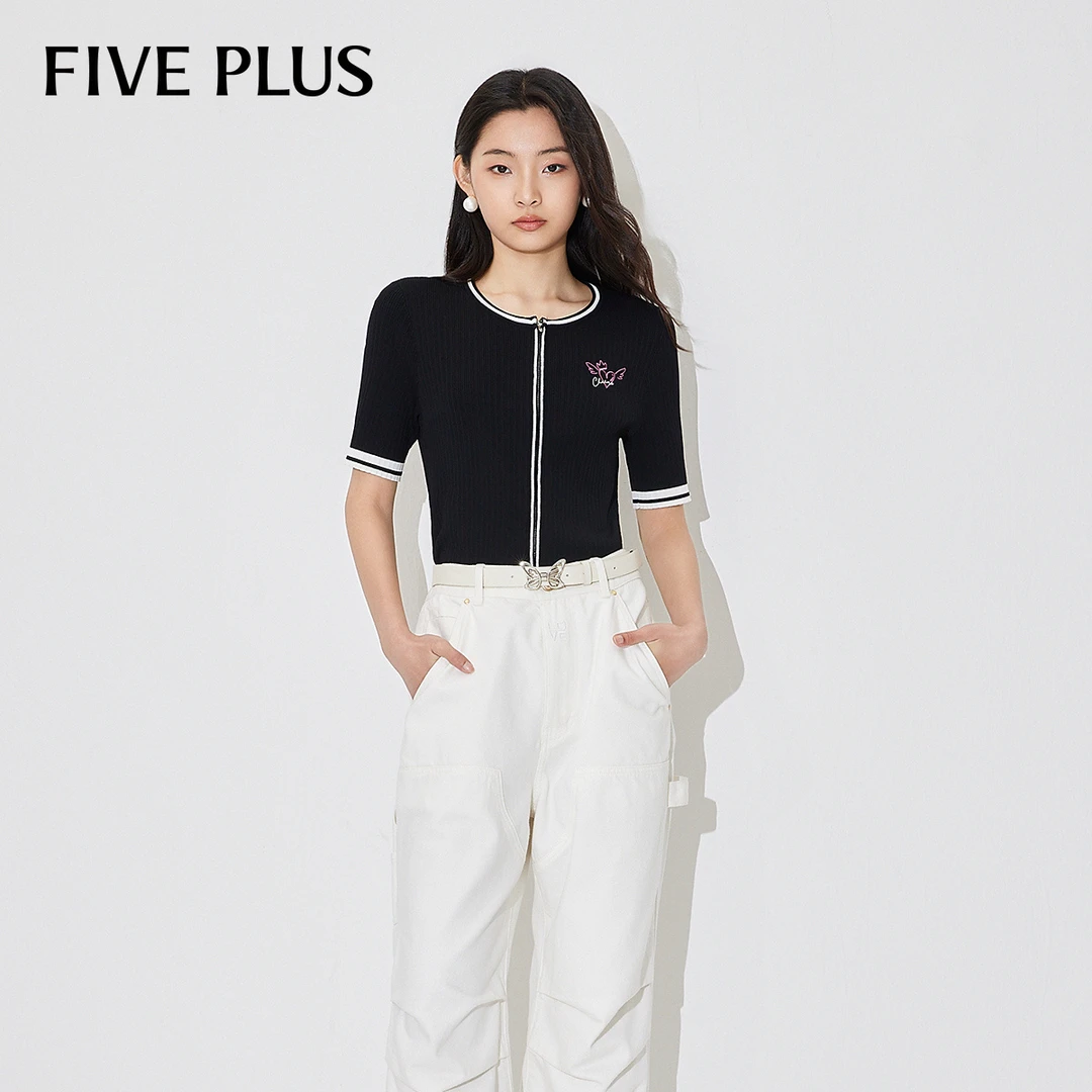 FIVE PLUS夏装针织衫女上衣开衫外搭短袖条纹刺绣拉链2LE2031360