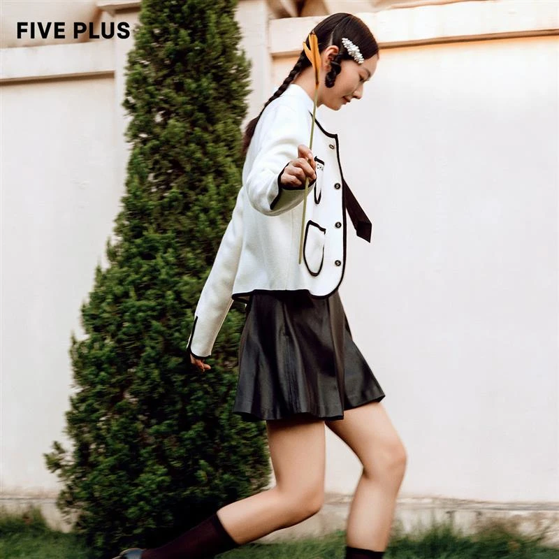 FIVE PLUS甜酷仿皮半身裙女高腰A字裙小众短款裙子秋冬2WN3074280