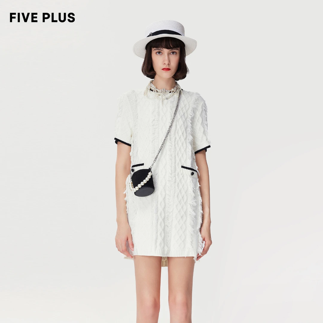 FIVE PLUS春装法式毛织连衣裙女短袖流苏短裙子肌理感2TN1085120