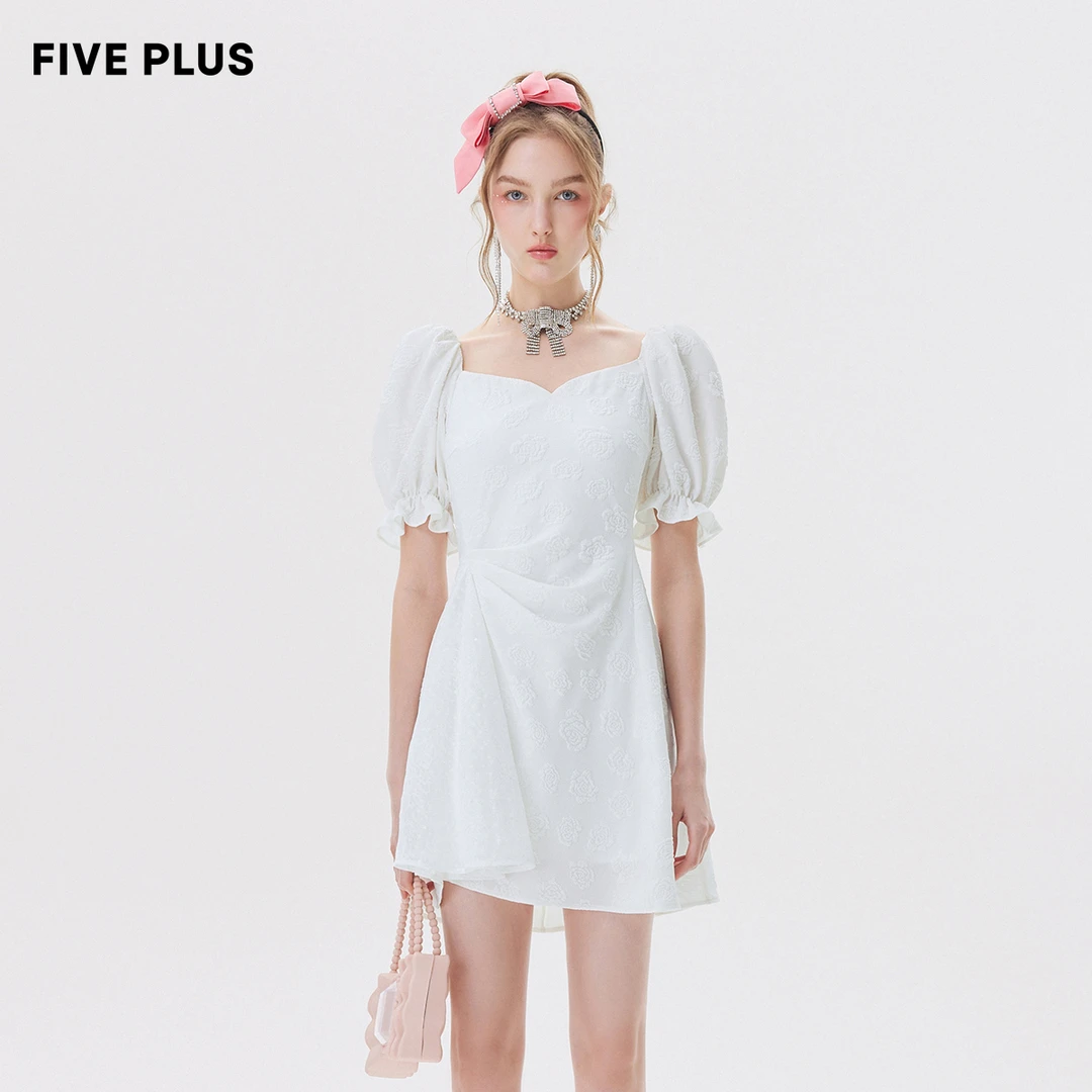 FIVE PLUS连衣裙女法式泡泡袖高腰方领裙子拼蕾丝2TN2080160