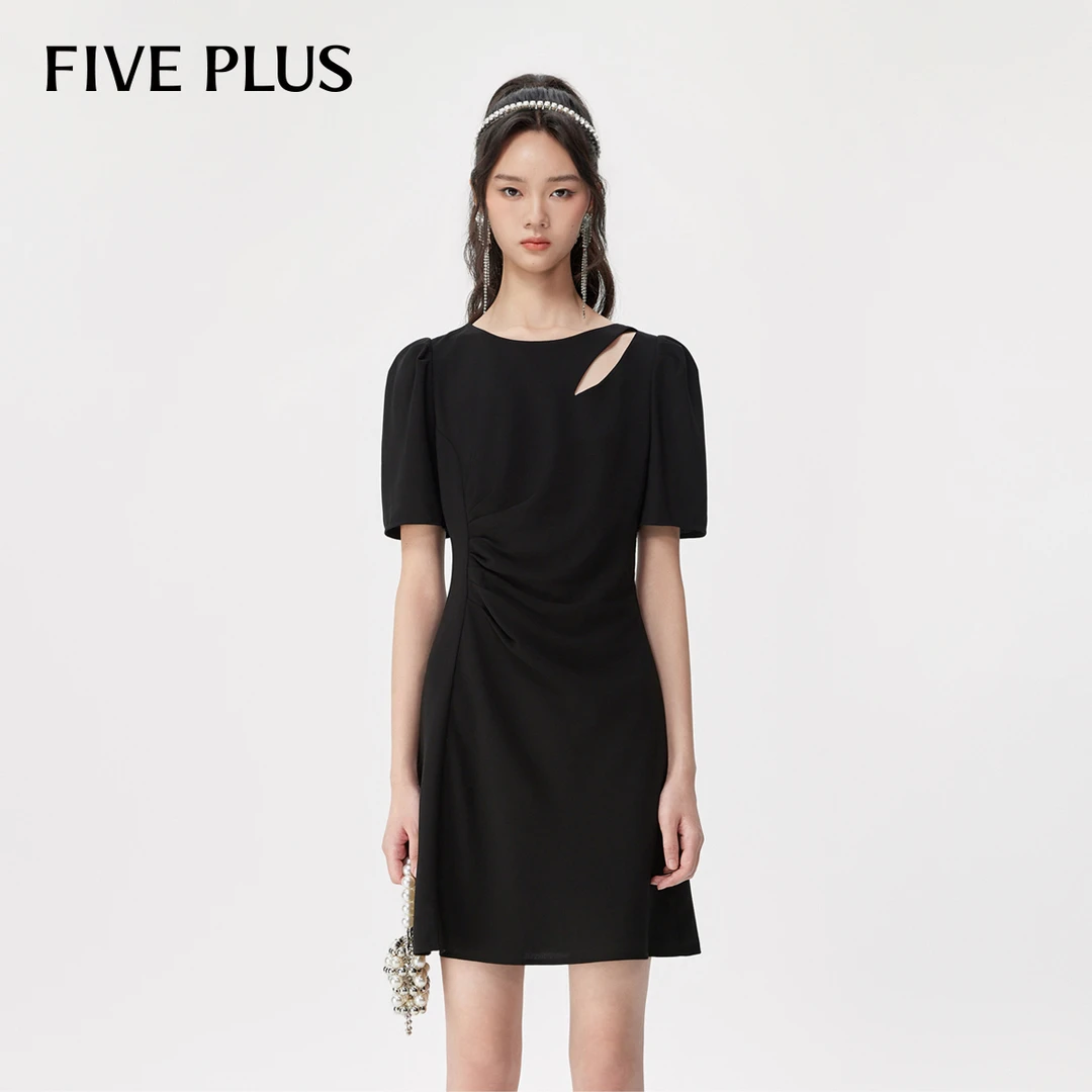 FIVE PLUS秋装小众泡泡袖连衣裙女修身气质显瘦小黑裙2TA3086540