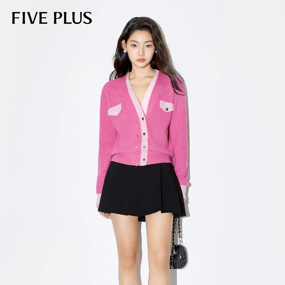 FIVEPLUS显瘦长袖针织衫双排扣开春氛围感时尚2LE1030130
