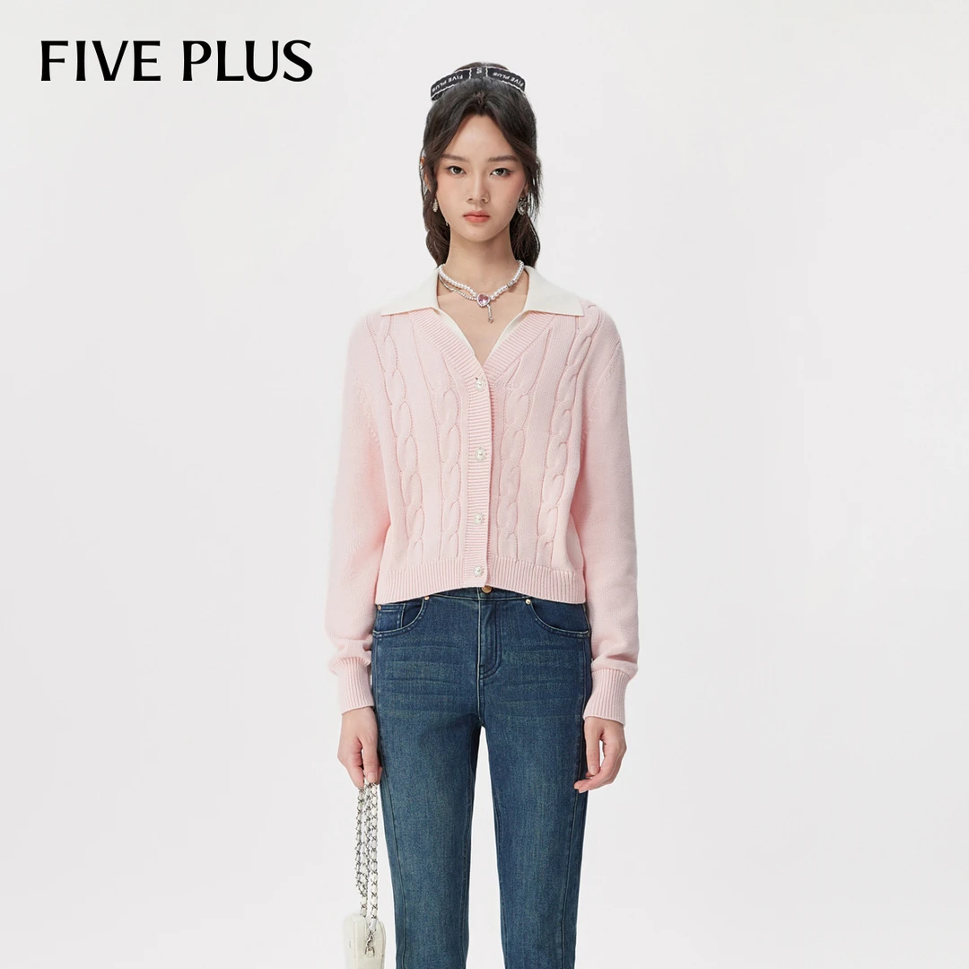 FIVE PLUS秋装温柔风针织衫女气质翻领单排扣短款开衫2TE3032770