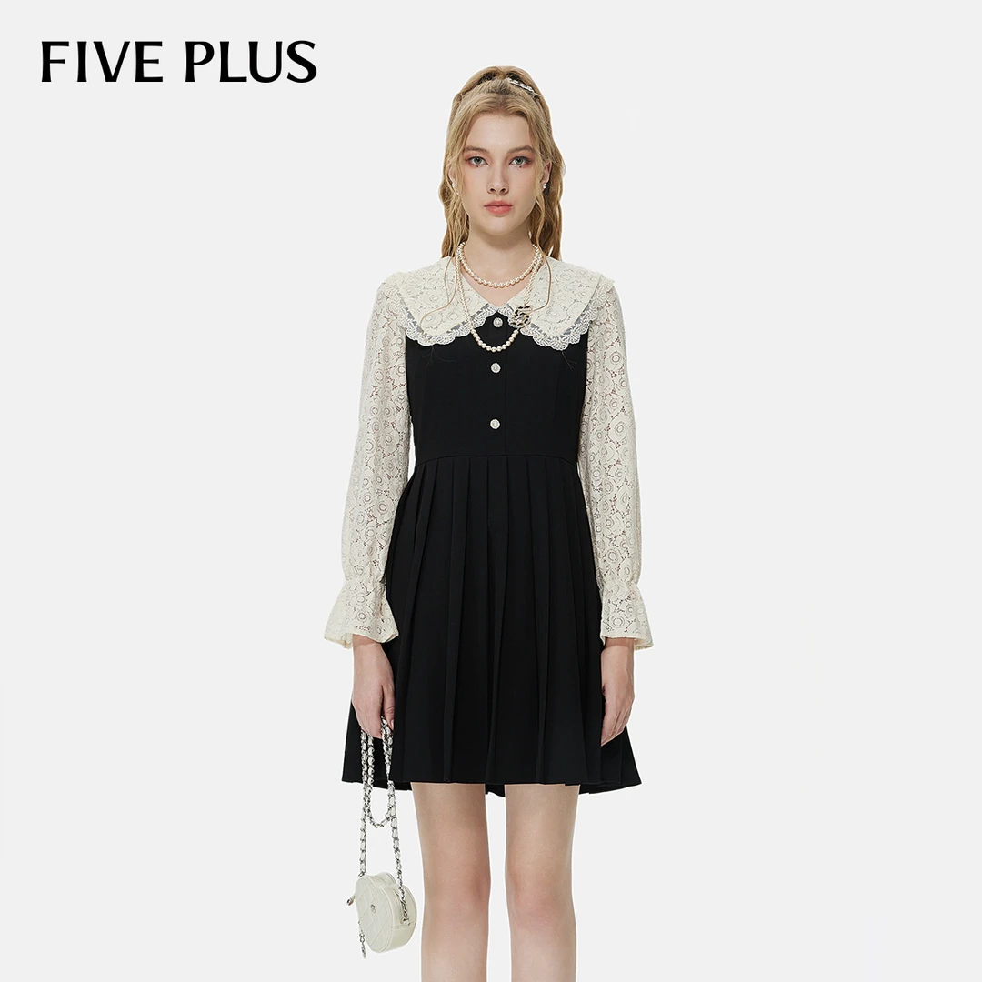 【小云总专享】FIVE PLUS法式复古连衣裙女蕾丝娃娃领荷叶袖百褶裙2