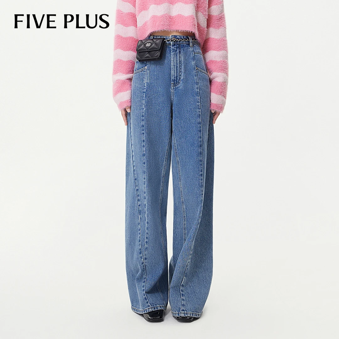 FIVE PLUS冬装牛仔裤女复古阔腿宽松直筒老爹裤子高腰2TN3065010