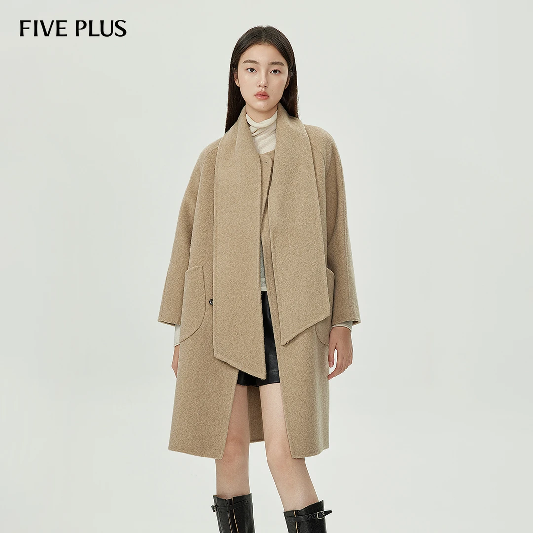 【商场同款】FIVE PLUS时尚呢大衣双面呢外套轻暖长款配围巾