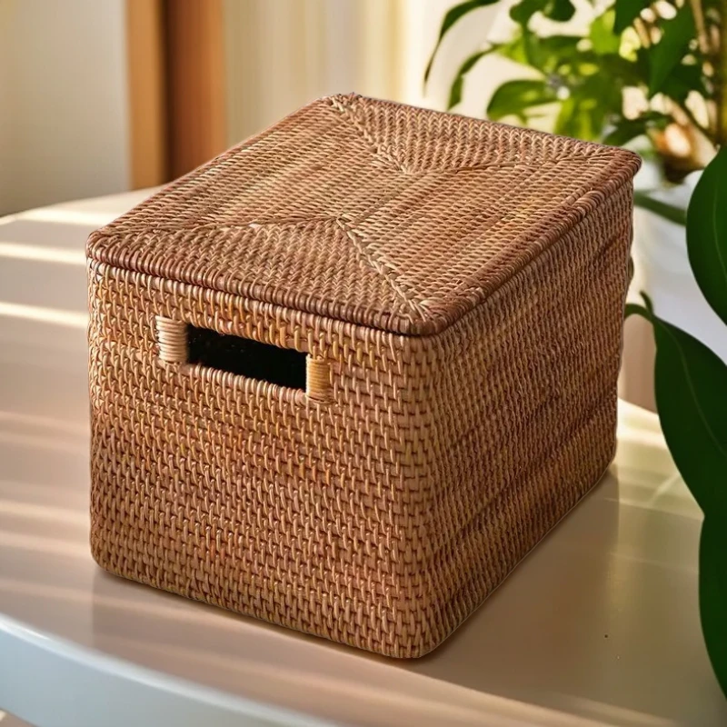 38*28*24越南藤编收纳筐衣物整理大号储物箱带盖零食篮杂物