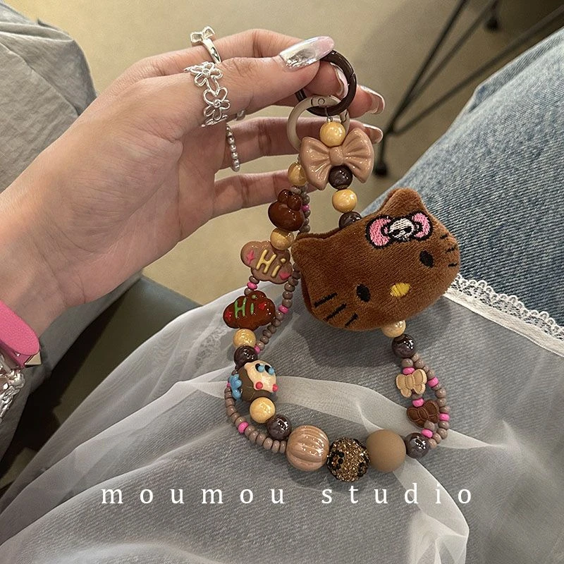 秋冬款手机链毛绒少女小众奶茶色系猫咪彩珠美拉德手机绳串珠绳