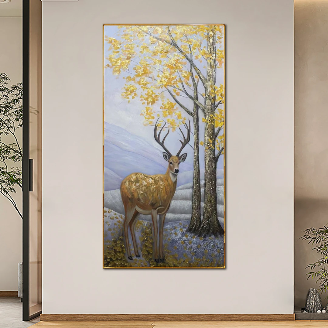 XG 720《鹿走苏台》现代奶油风纯手绘手工油画玄关背景墙装饰挂画